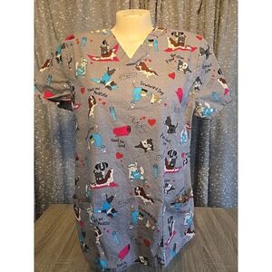 Nurse Scrub Yoga Dogs Cats Goats Dickies Size Large Grey V-Neck Pockets Exc!